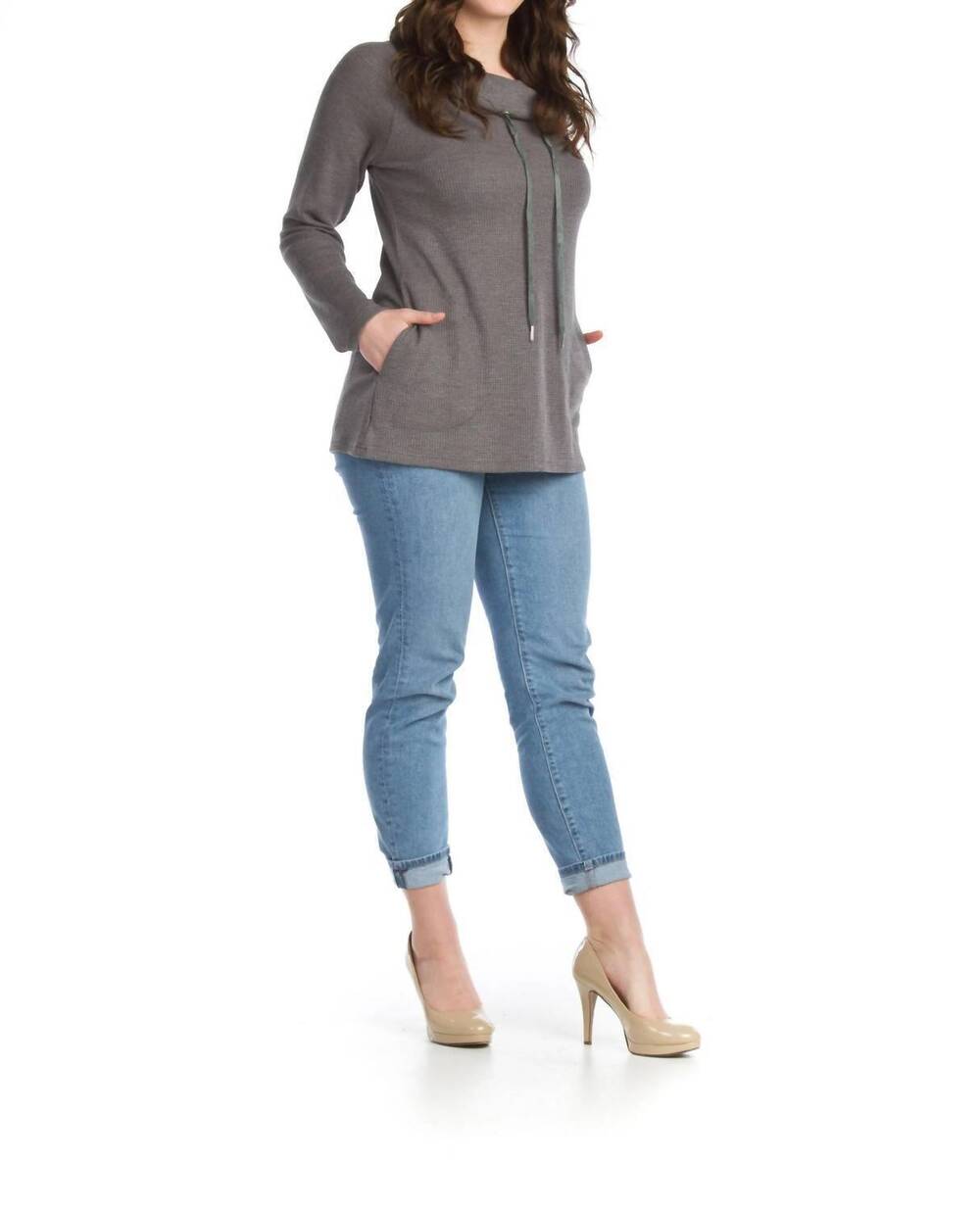 NEW PAPILLON waffle knit cowl neck tunic with pockets in charcoal